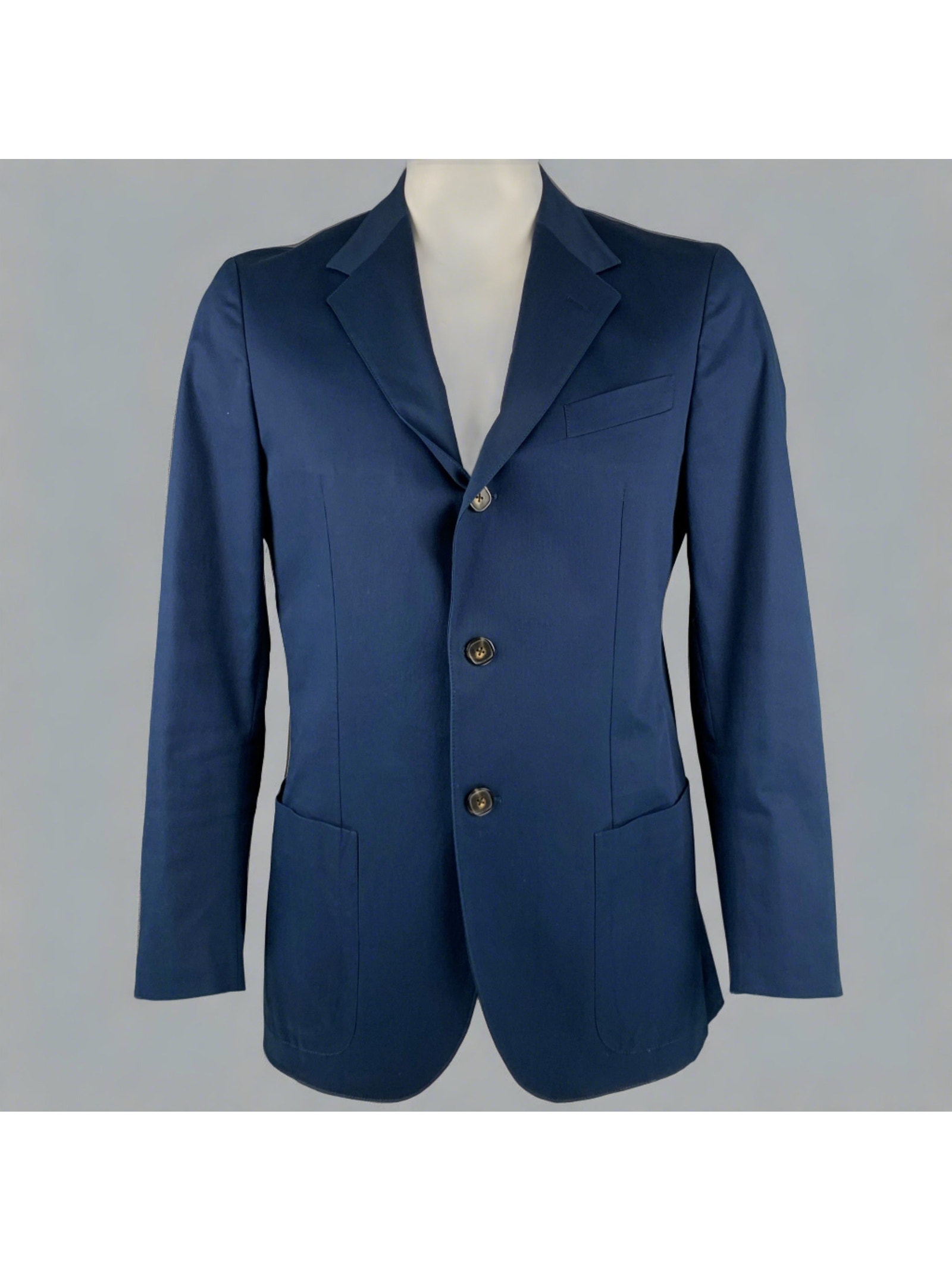 Faconnable Size L Navy Cotton Blend Single Breasted Notch Lapel Sport Coat